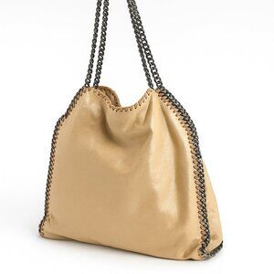 Stella McCartney Falabella Fold Over Tote Bag – Shimmer Beige with Chain Trim –